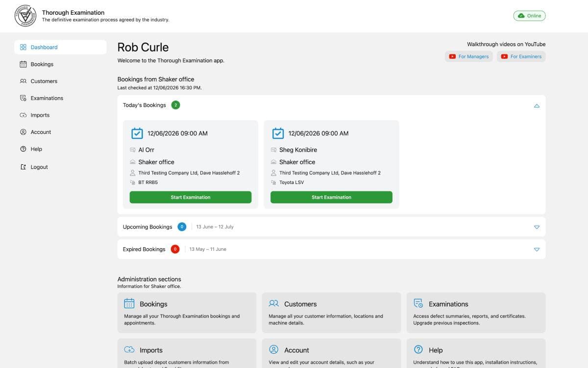 Thorough Examinations: Vue app screenshot